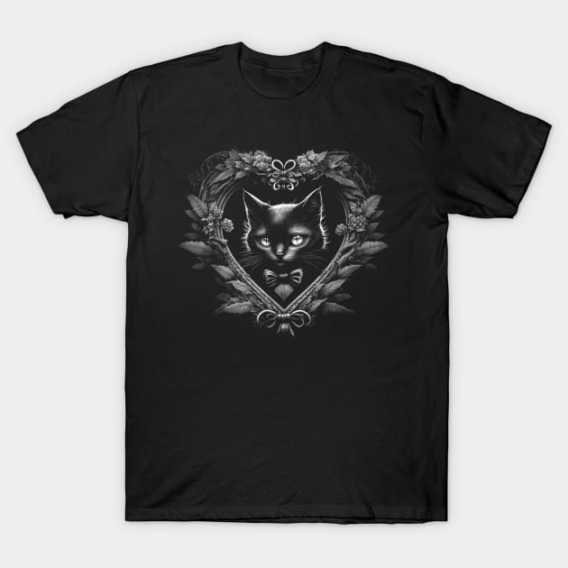 Adorable Black Kitten With Bow In Ornate Gothic Heart Frame T-Shirt by irelandefelder